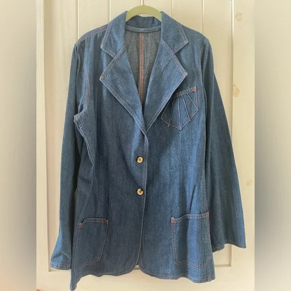Women’s Vintage Jean Denim Blazer Jacket 2 Buttons With Pockets Size 40 Cotton - Picture 2 of 7